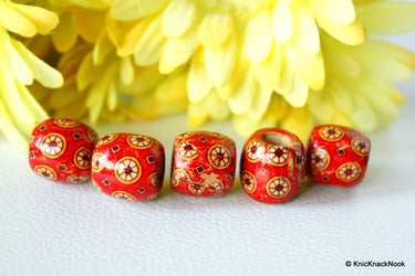 10 x Wood Drum Beads/ Spacers Painted Red Wheel Design 17mm x 16mm